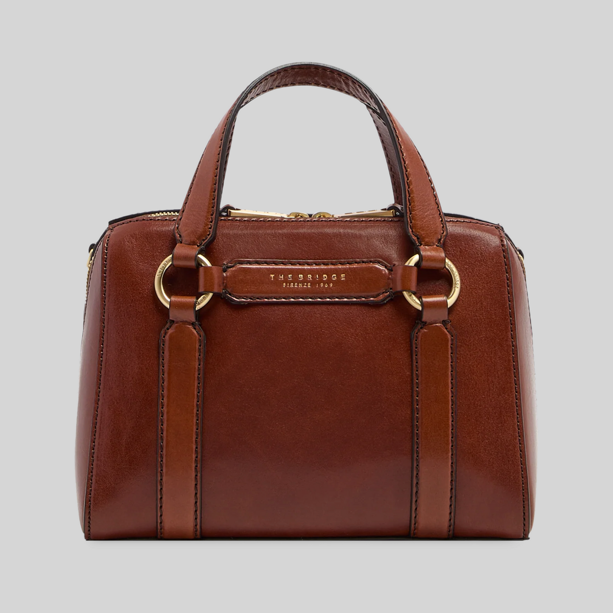 Borsa a mano LIBUTTI in pelle marrone con manici rigidi, dettagli dorati e tracolla removibile