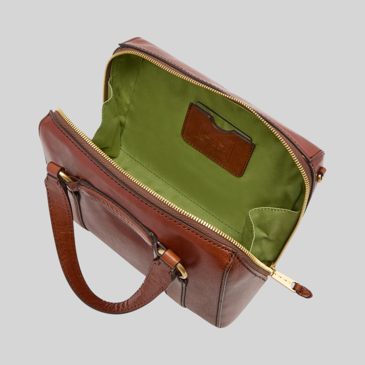 Borsa a mano LIBUTTI in pelle marrone con interno verde a contrasto, cerniera dorata e tracolla rimovibile