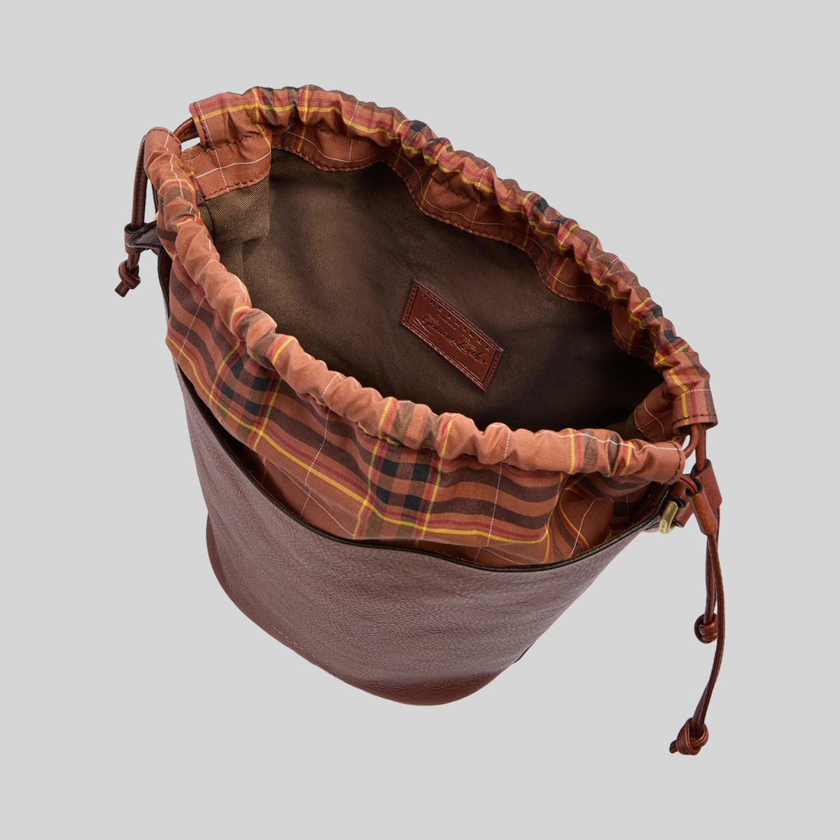 Borsa secchiello LIBUTTI Luce Soft in pelle marrone con interno foderato in tessuto a quadri e chiusura a coulisse
