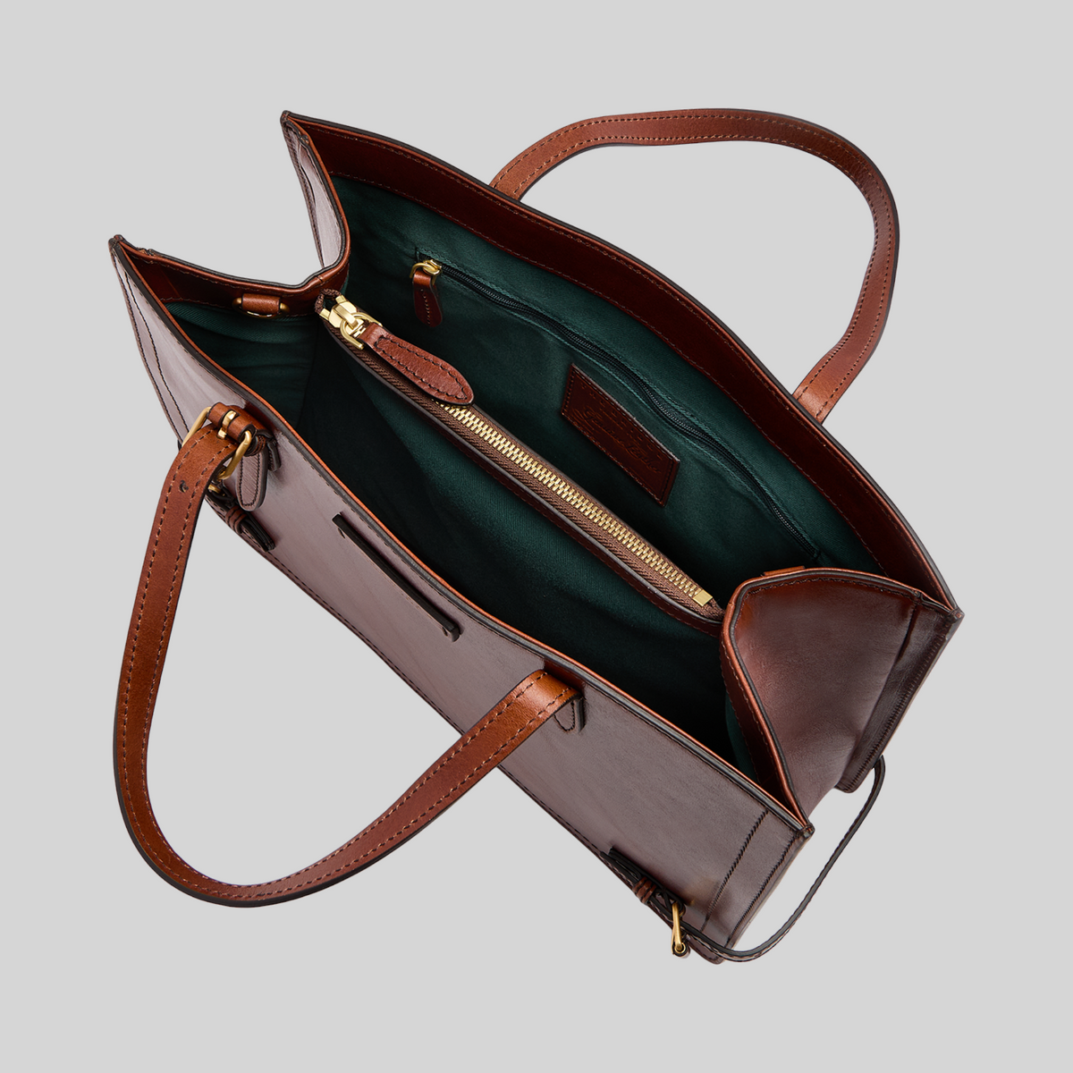 Borsa shopping LIBUTTI in pelle marrone con interno verde, tracolla regolabile e finiture dorate, vista dall'alto