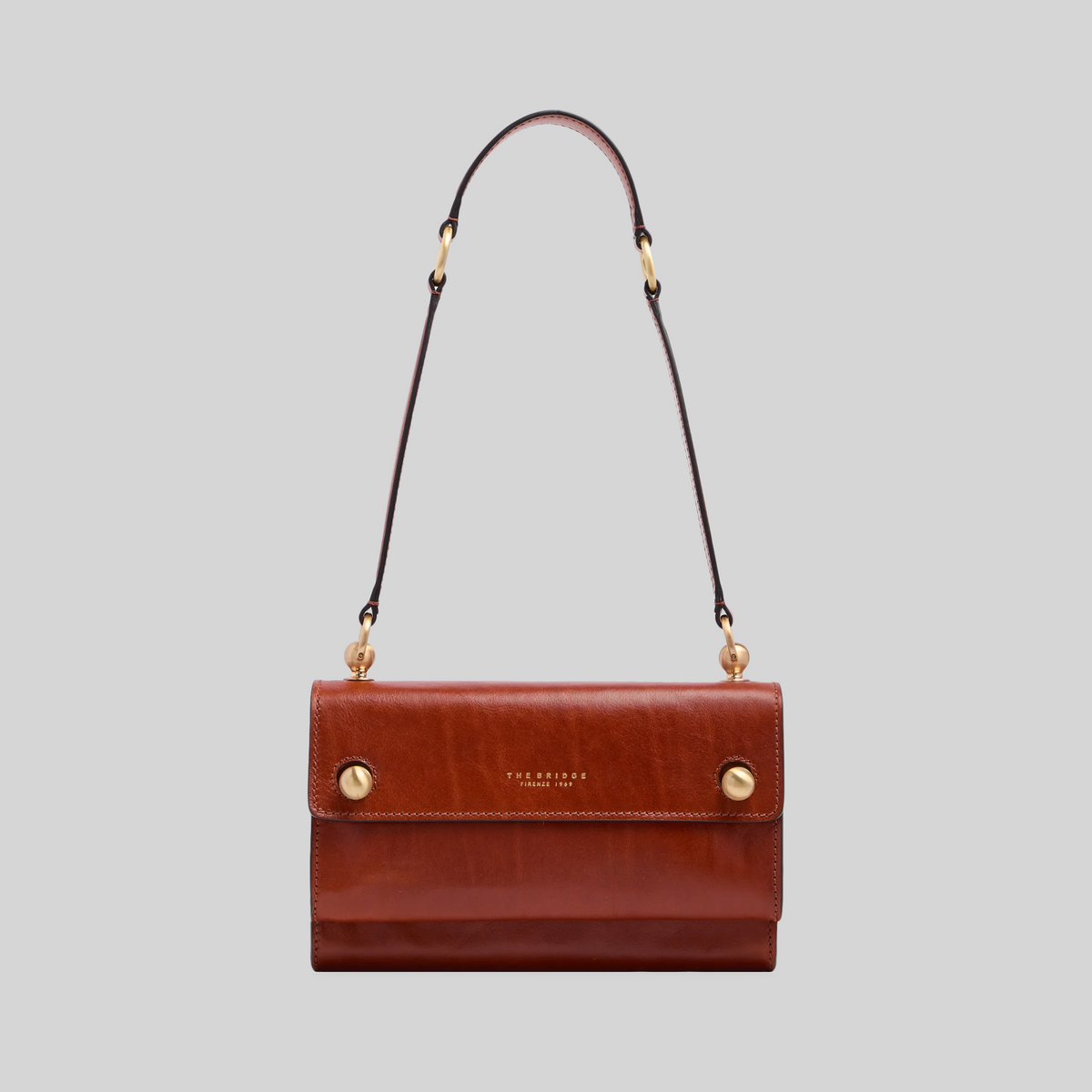 Borsa a spalla LIBUTTI in pelle marrone con dettagli dorati, tracolla regolabile e design artigianale italiano