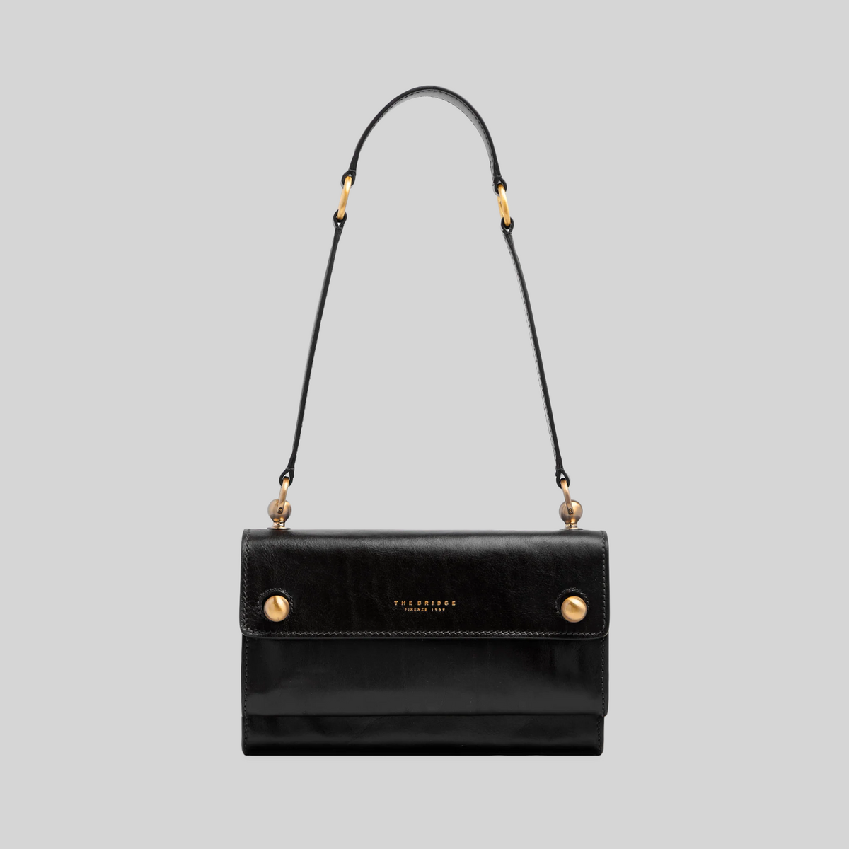 Borsa a spalla LIBUTTI in pelle nera con dettagli dorati, tracolla regolabile e design artigianale italiano elegante.