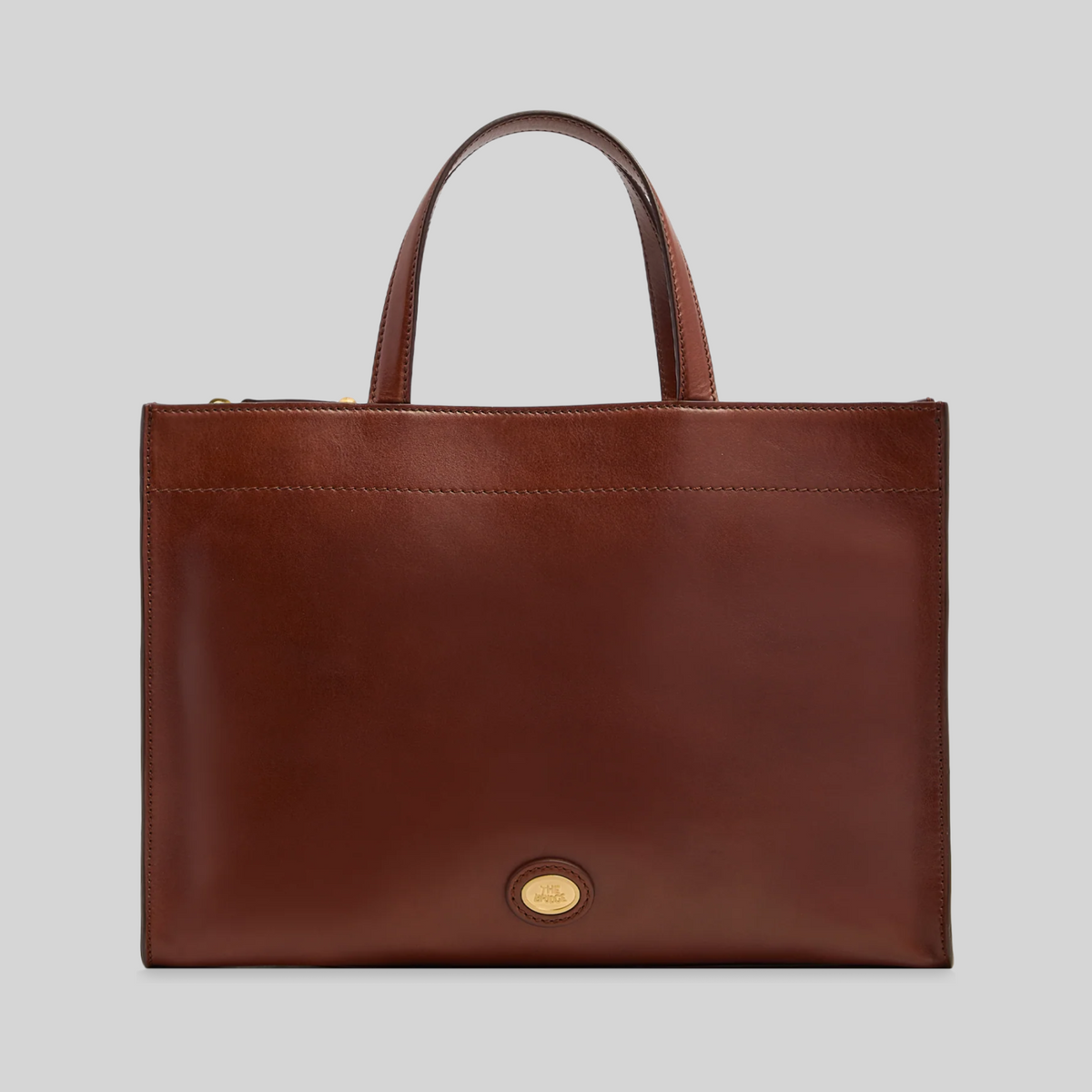 Cartella LIBUTTI in pelle marrone con manici rigidi e logo dorato frontale, design elegante e professionale