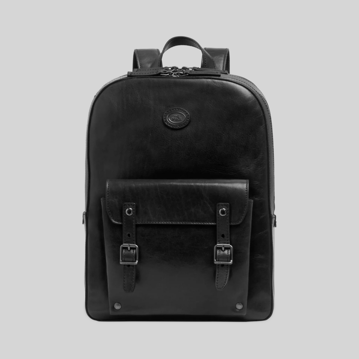 Zaino LIBUTTI in pelle nera con due zip, tasca frontale con fibbie e scomparto porta pc, design elegante e moderno.