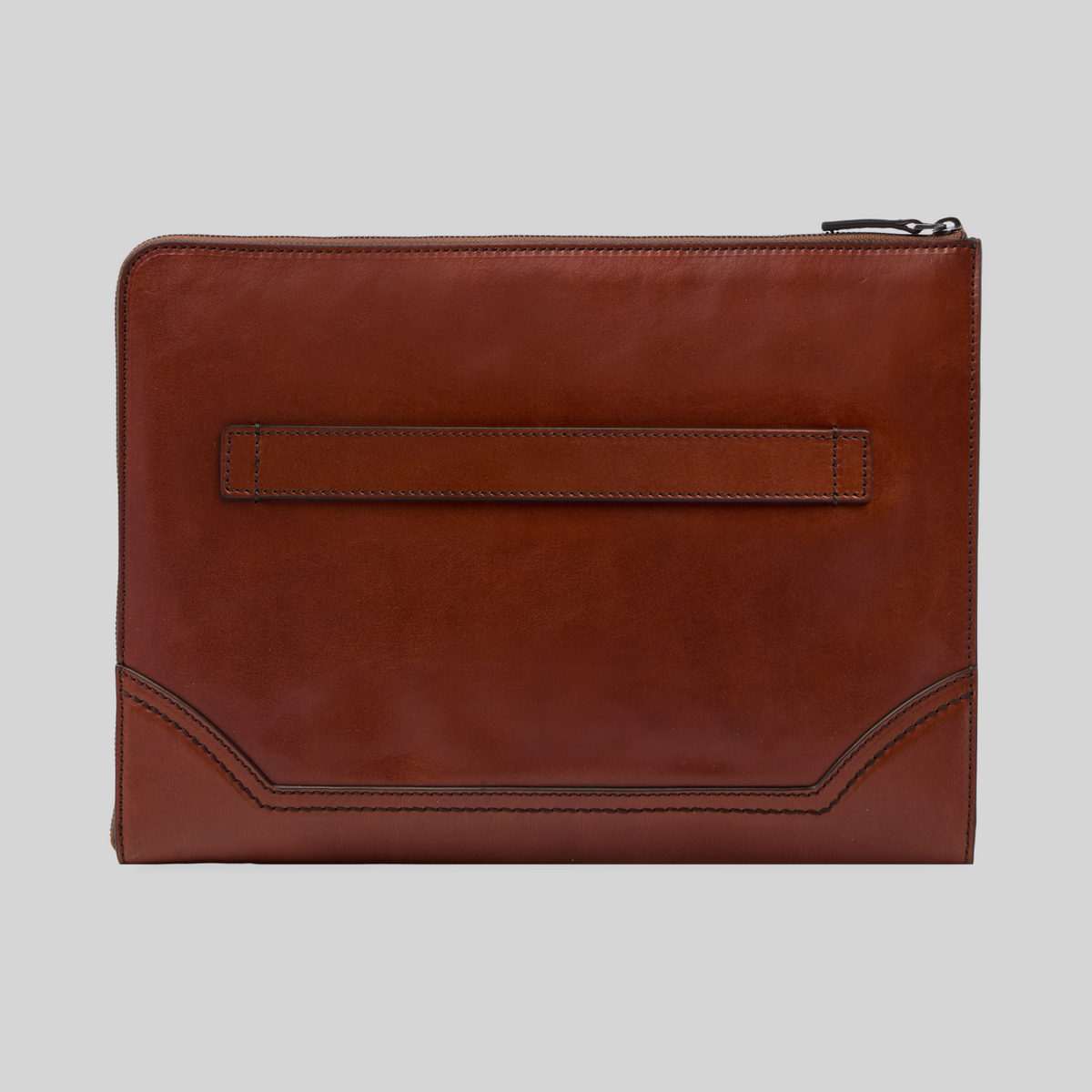 Portadocumenti LIBUTTI in pelle marrone con chiusura a zip e fascia posteriore, design artigianale minimalista