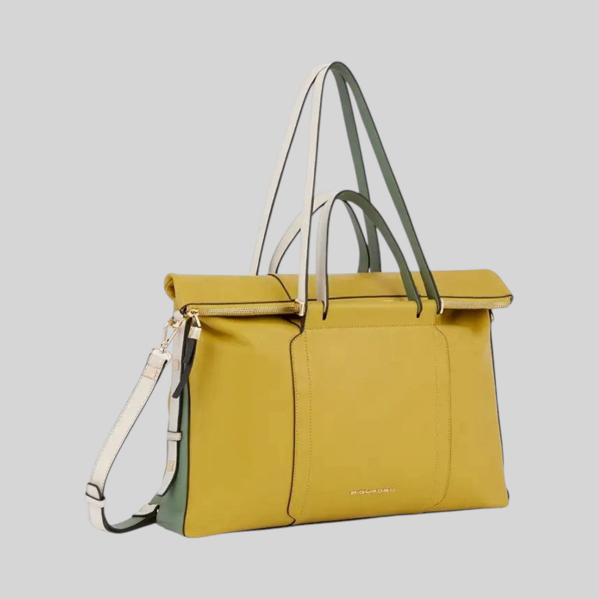 Cartella da lavoro LIBUTTI in pelle gialla e verde con manici bicolore e tracolla regolabile, design professionale.