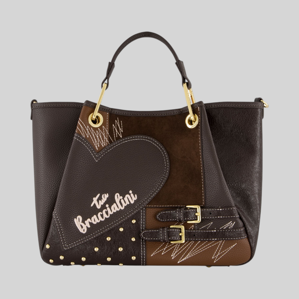 Borsa LIBUTTI Amy piccola in patchwork di pelle marrone con dettagli a cuore, borchie dorate e fibbie decorative