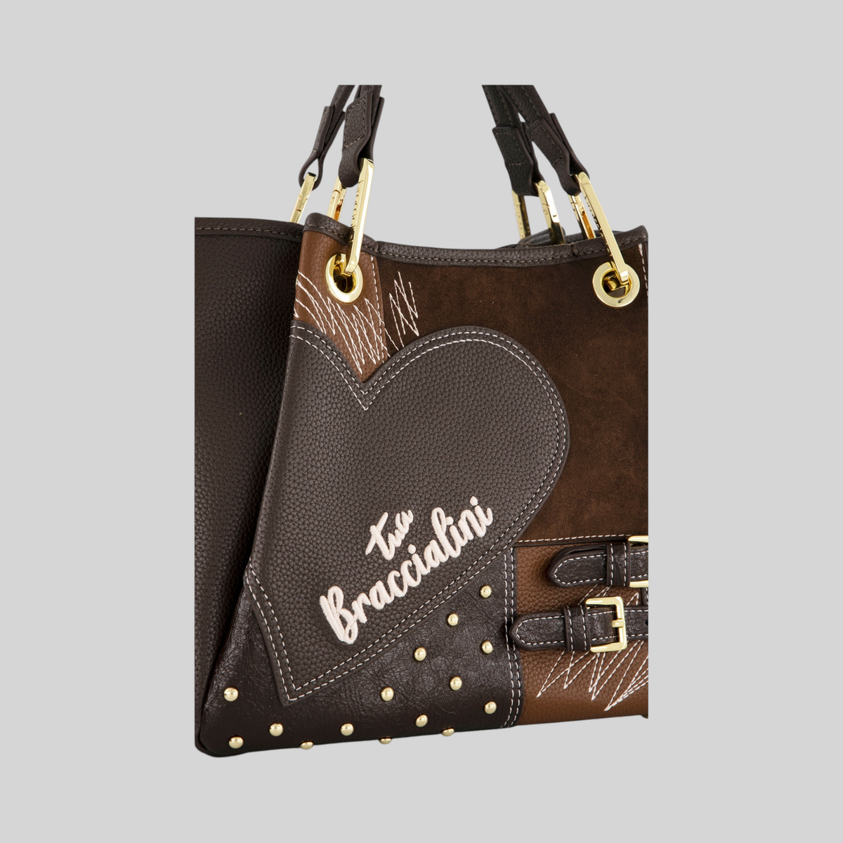 Borsa LIBUTTI Amy piccola in patchwork marrone con dettaglio a cuore, borchie dorate e ricami decorativi