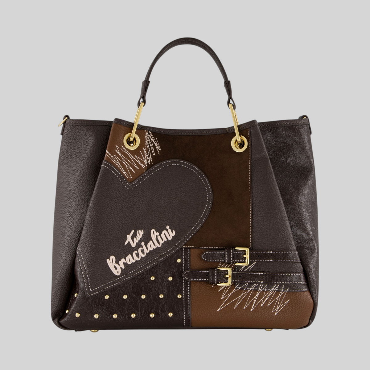 Borsa a mano LIBUTTI Amy Patchwork in pelle marrone con dettagli a cuore, borchie dorate e fibbie decorative