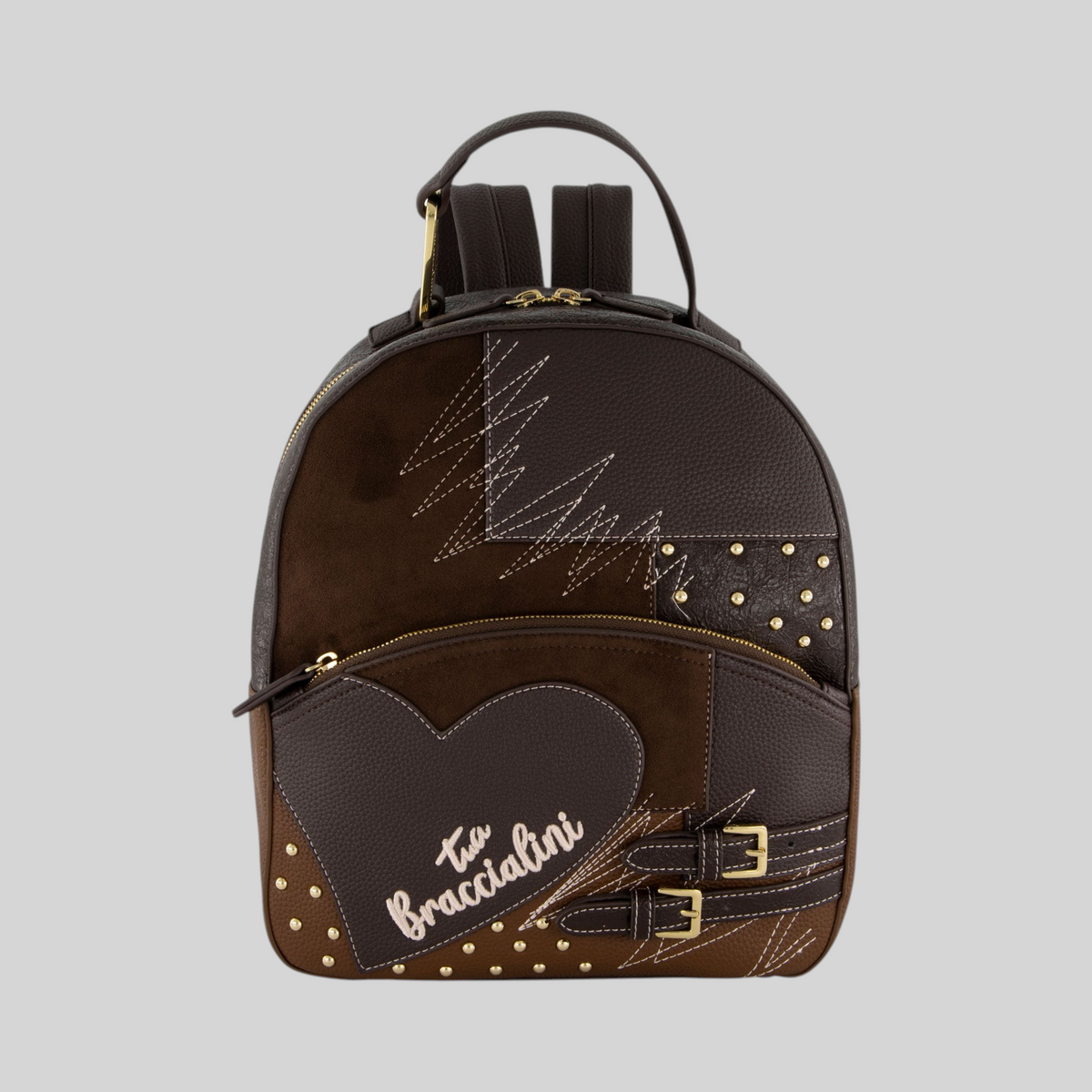 Zaino LIBUTTI Amy Patchwork marrone in pelle e sintetico con dettagli dorati, borchie e chiusura a cuore