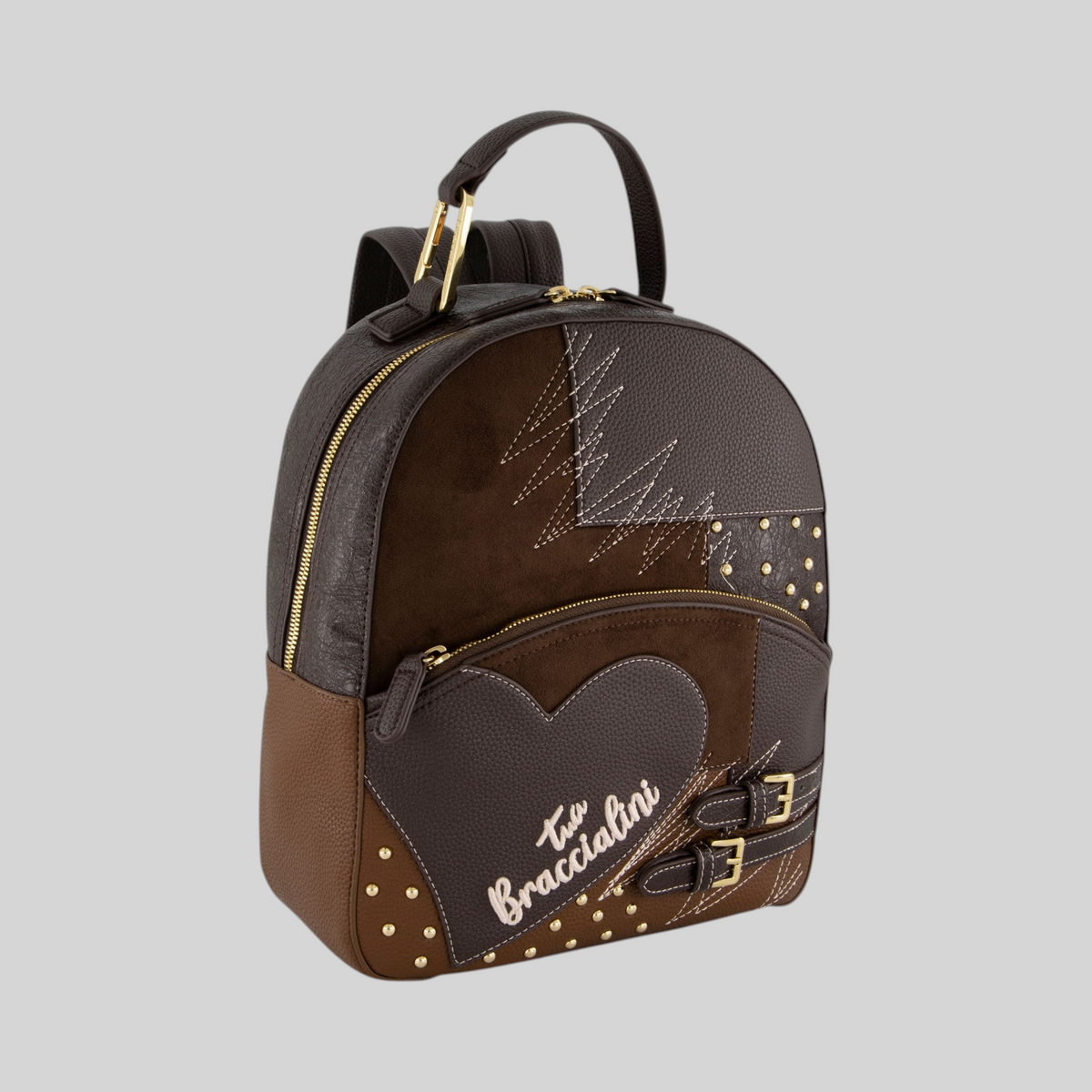 Zaino LIBUTTI Amy Patchwork marrone in pelle e sintetico con dettagli dorati, tasca a cuore e chiusura a zip
