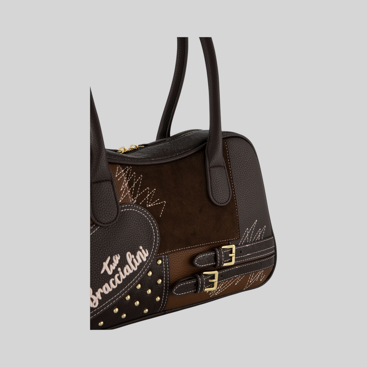 Bauletto LIBUTTI Amy Patchwork marrone cioccolato con inserti in suede, ricami, borchie dorate e cinturini decorativi
