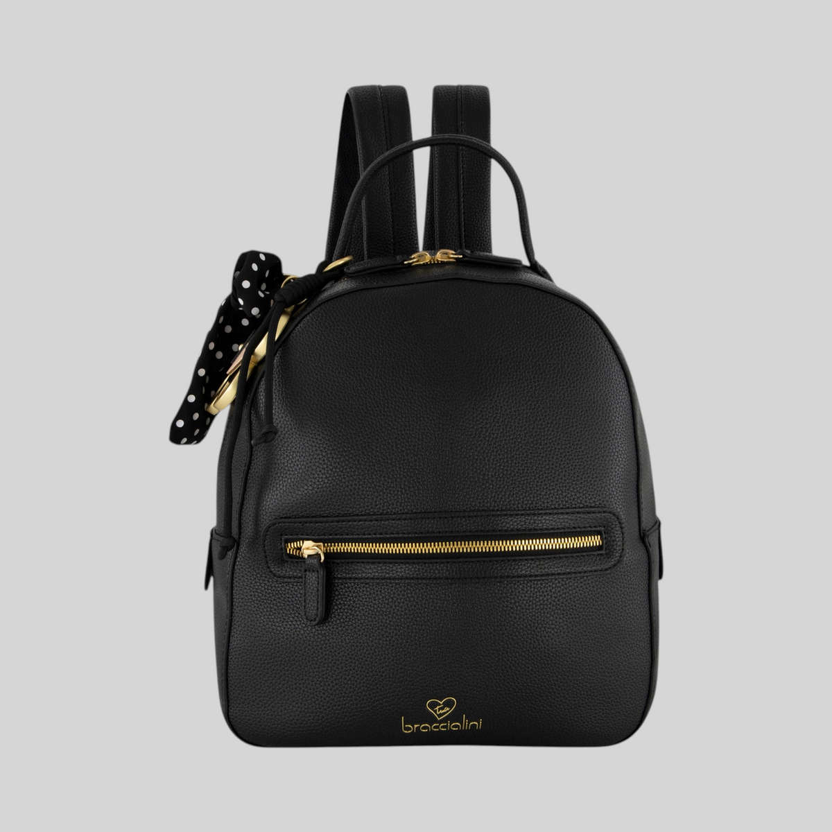 Zaino Beth LIBUTTI nero in ecopelle con cerniere dorate e foulard a pois decorativo