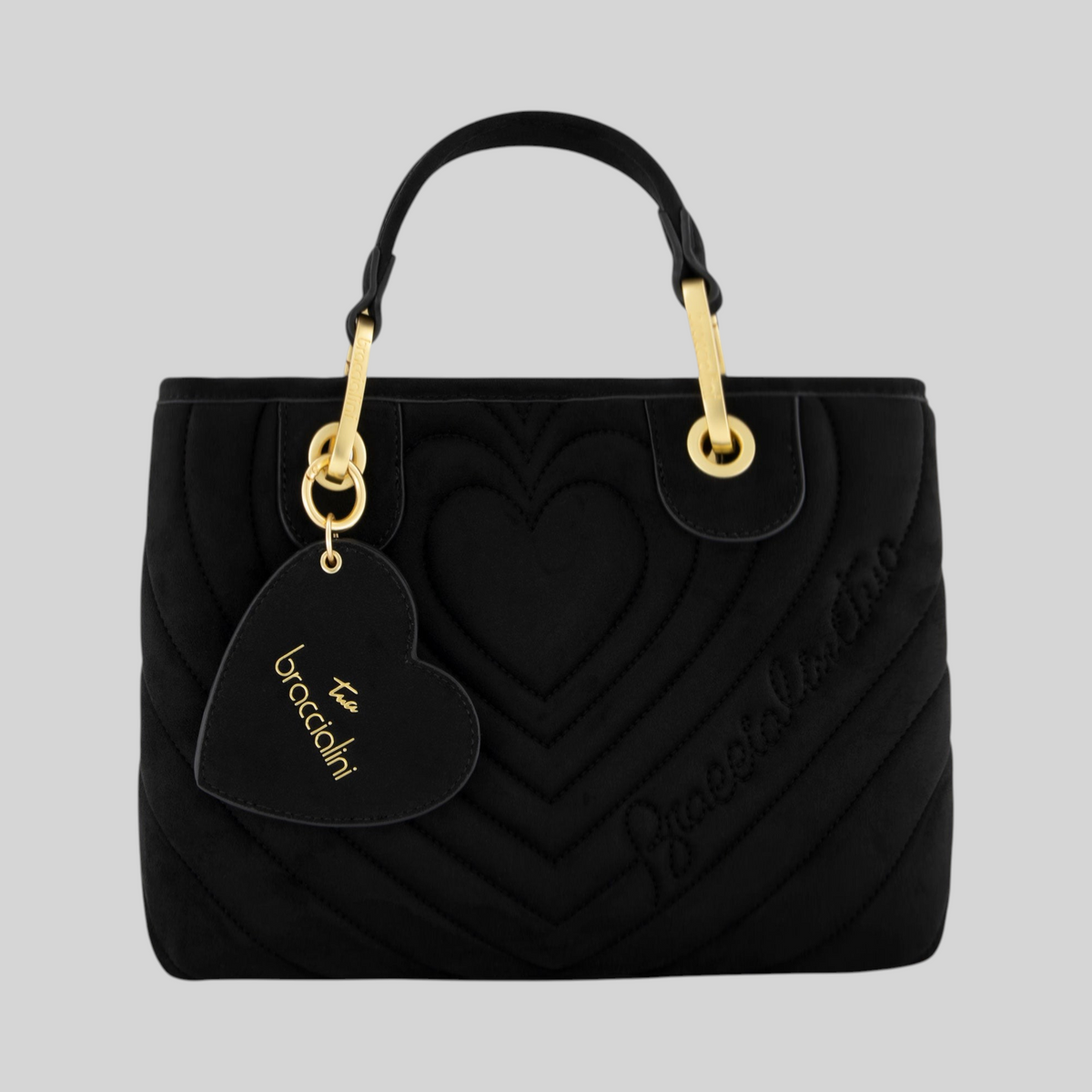 Borsa a mano LIBUTTI nera effetto suede con trapuntatura a cuori, doppi manici e ciondolo a forma di cuore