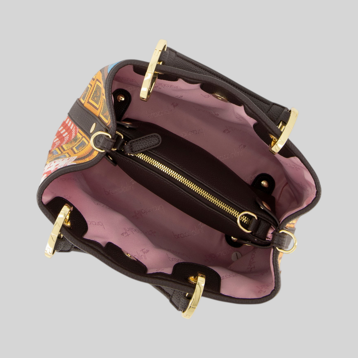 Interno della borsa a mano LIBUTTI Braccialini Cartoline Firenze con pochette estraibile e fodera logata rosa