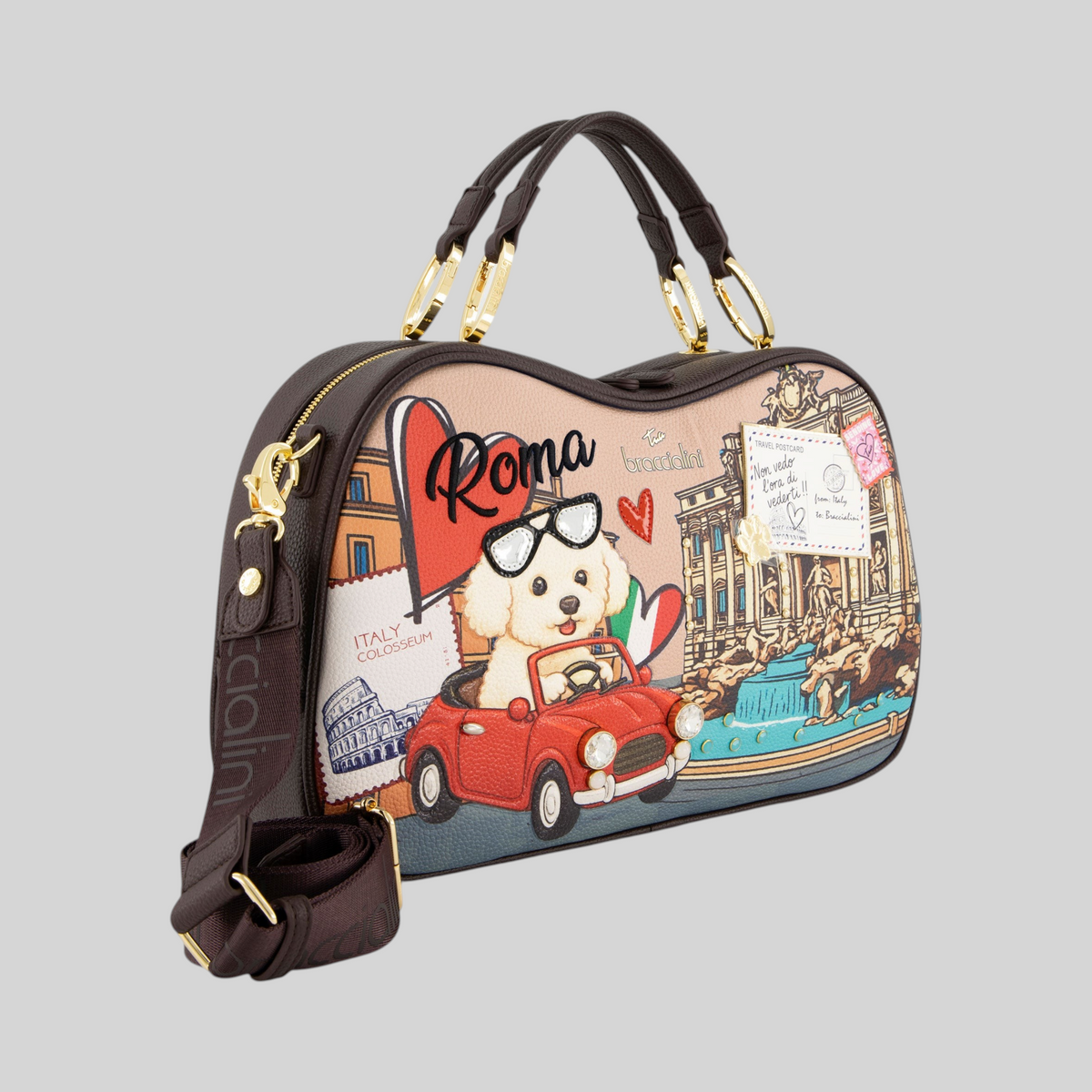 Borsa bauletto LIBUTTI Braccialini Cartoline Roma con stampa vintage, cagnolino in cabrio rossa e dettagli dorati