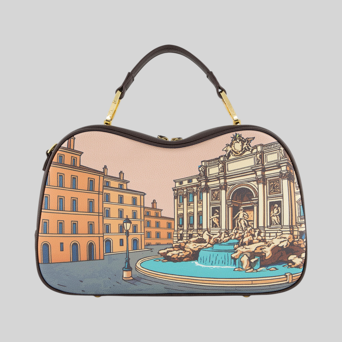 Borsa bauletto LIBUTTI Braccialini Cartoline Roma con stampa della Fontana di Trevi e dettagli in metallo dorato
