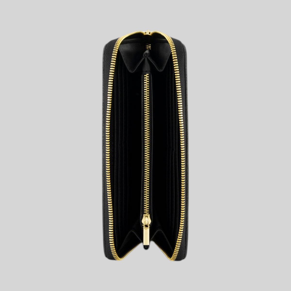 Portafoglio in pelle nera LIBUTTI della collezione Cartoline con zip dorata e scomparti interni aperti
