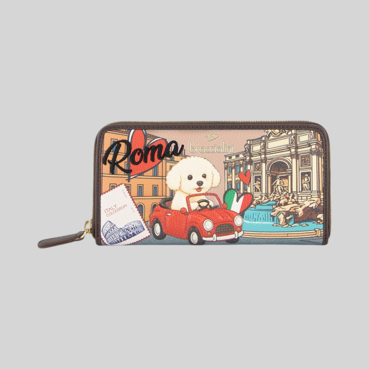 Portafoglio LIBUTTI Cartoline Roma con illustrazione di un cagnolino su auto rossa davanti alla Fontana di Trevi