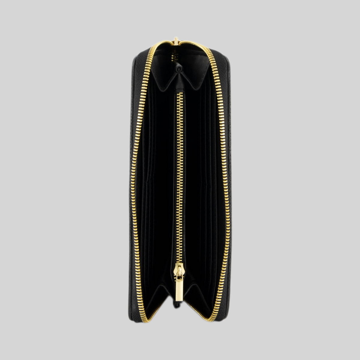 Portafoglio LIBUTTI Cartoline Parigi in pelle nera con zip dorata, vista interna aperta con scomparti per carte.