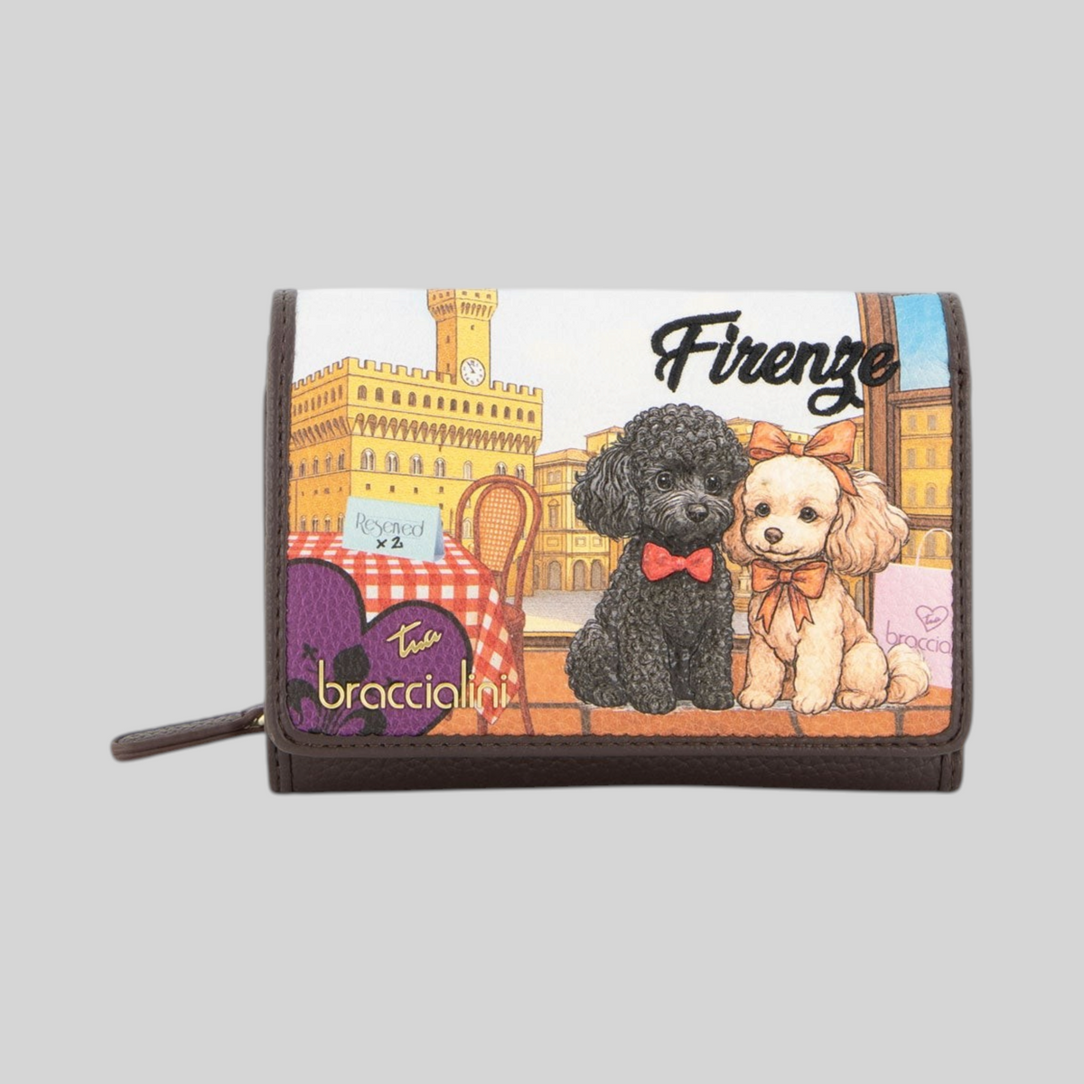 Portafoglio LIBUTTI Cartoline Firenze con illustrazione di cagnolini e monumenti, stampa colorata e dettagli curati