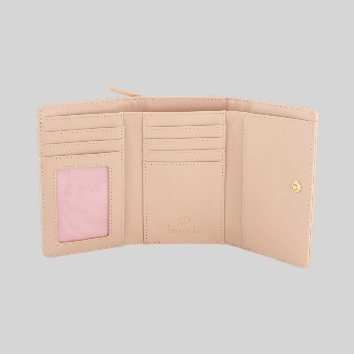 Interno del portafoglio LIBUTTI in pelle color cipria con scomparti per carte e finestra trasparente