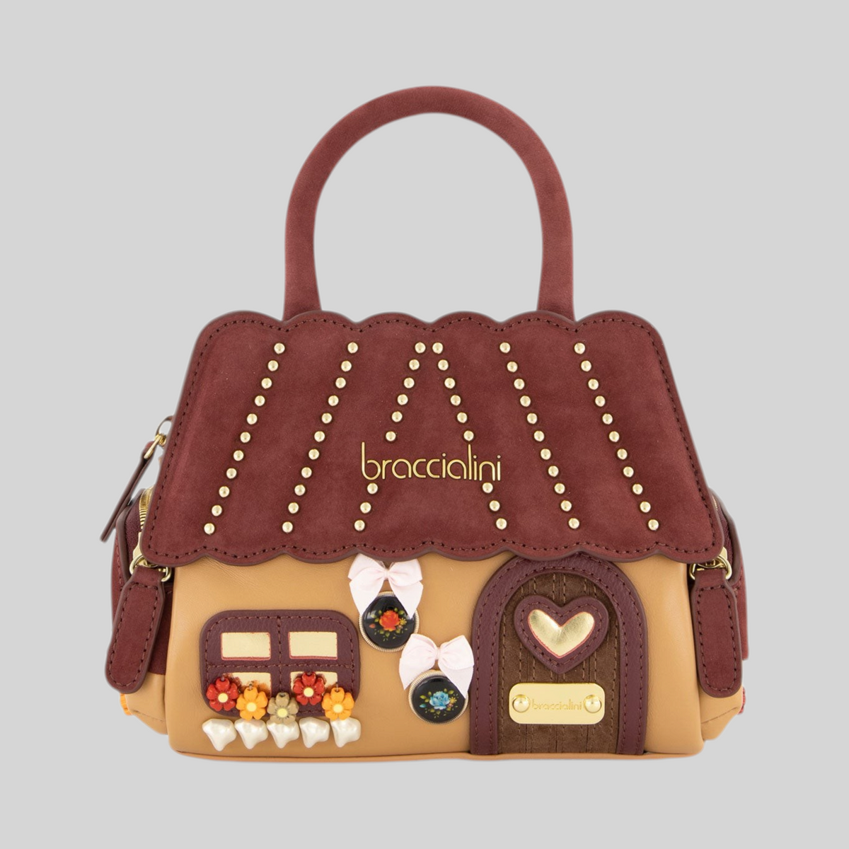 Borsa a mano LIBUTTI Braccialini in pelle a forma di chalet vinaccia e beige con decorazioni floreali e borchie