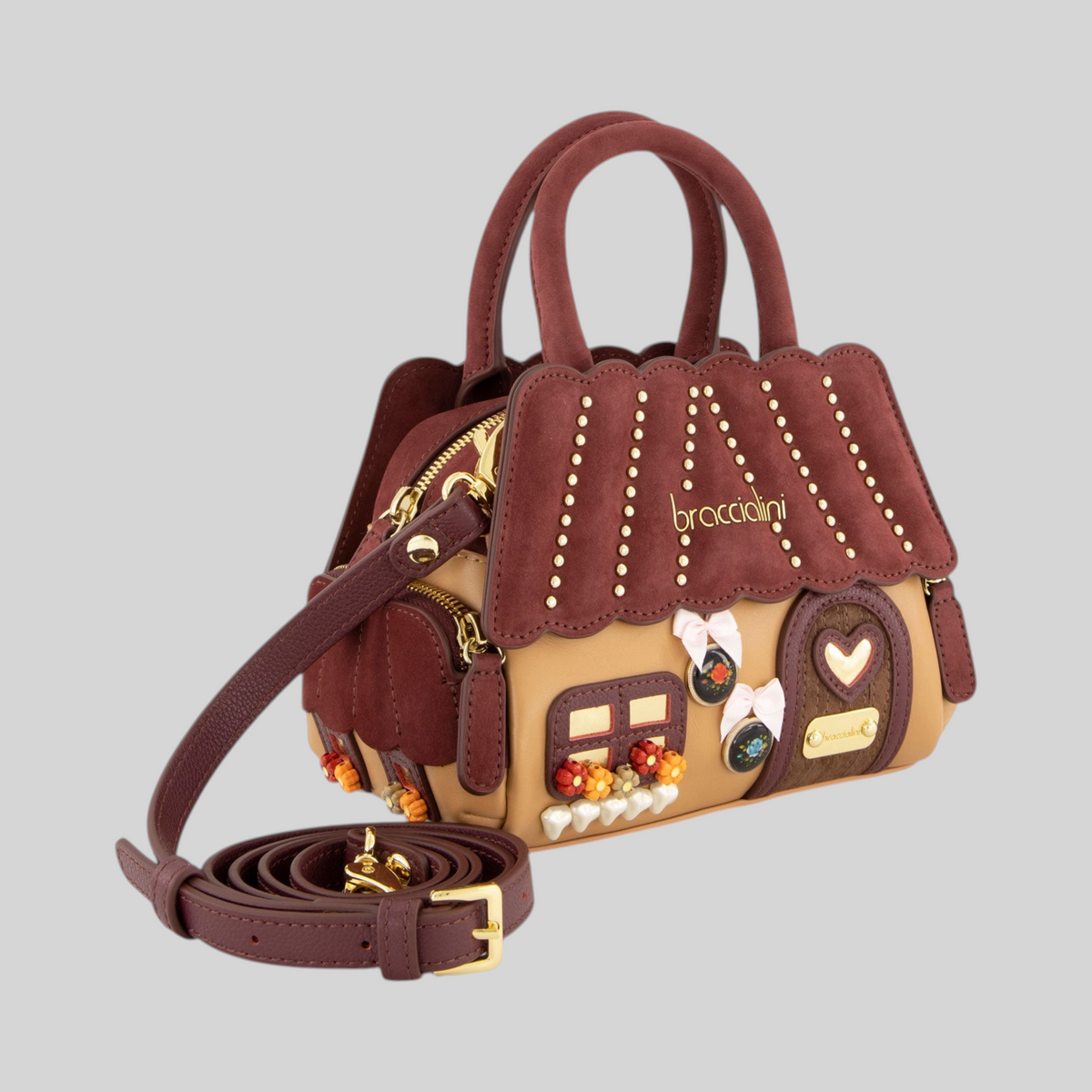 Borsa a mano LIBUTTI Braccialini in pelle a forma di chalet vinaccia e beige con decorazioni floreali e borchie