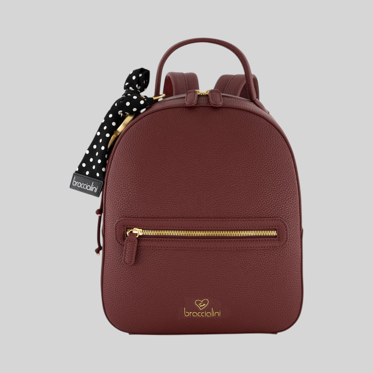 Zaino Beth LIBUTTI color bordeaux in pelle martellata con dettagli dorati e foulard a pois nero