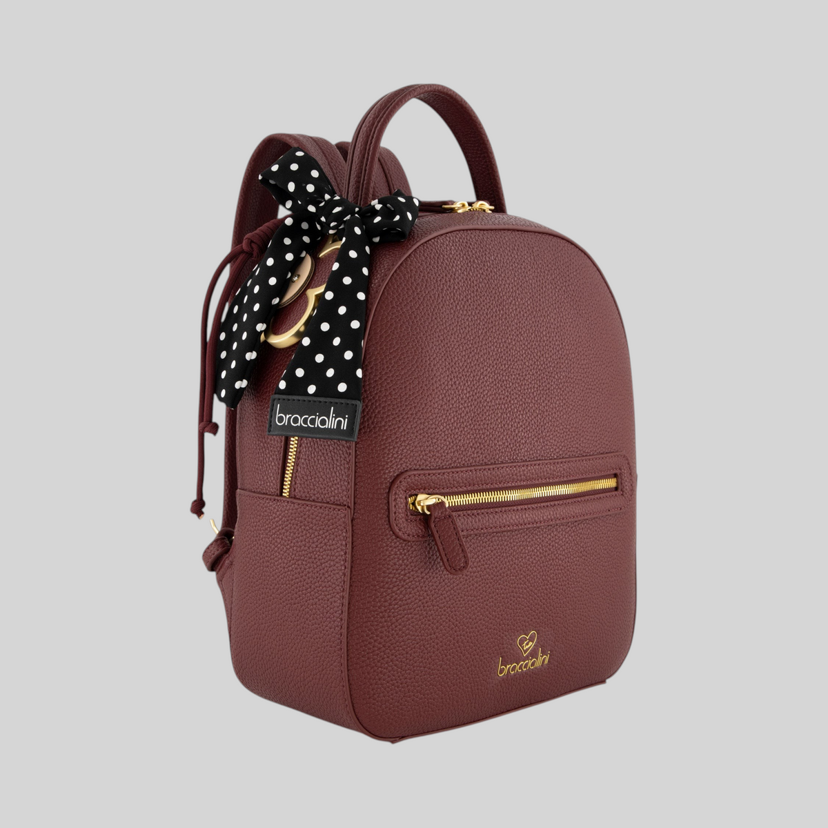 Zaino LIBUTTI Beth color bordeaux in ecopelle martellata con foulard a pois nero e bianco e dettagli dorati