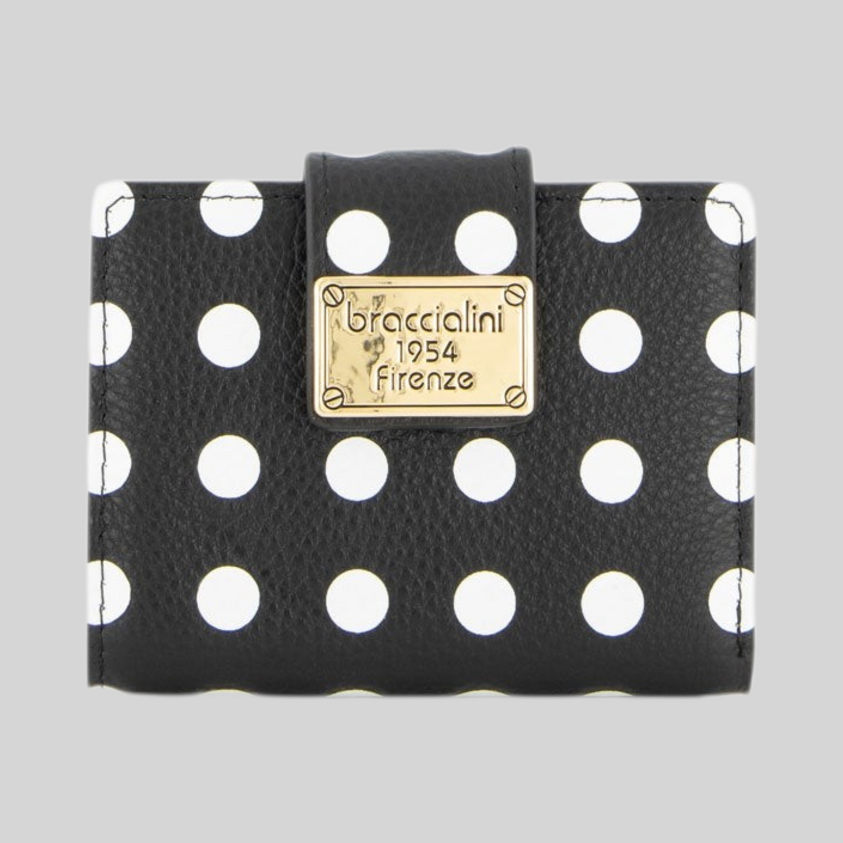 Portafoglio LIBUTTI Braccialini Basic in pelle nera con stampa a pois bianchi e logo dorato frontale