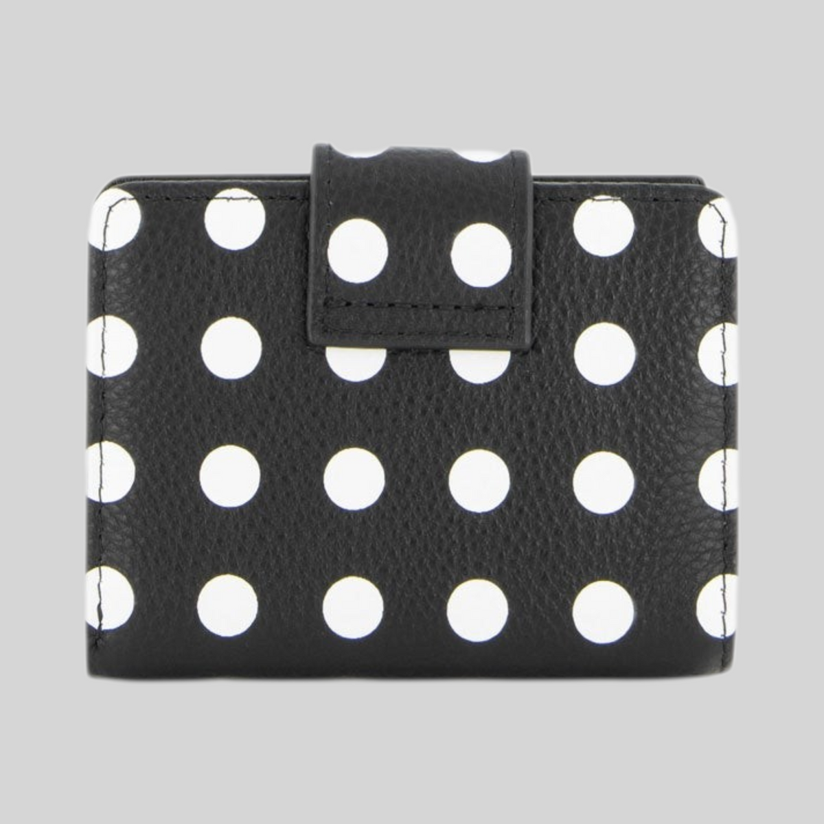 Portafoglio LIBUTTI Braccialini Basic in pelle nera con motivo a pois bianchi, design compatto ed elegante.