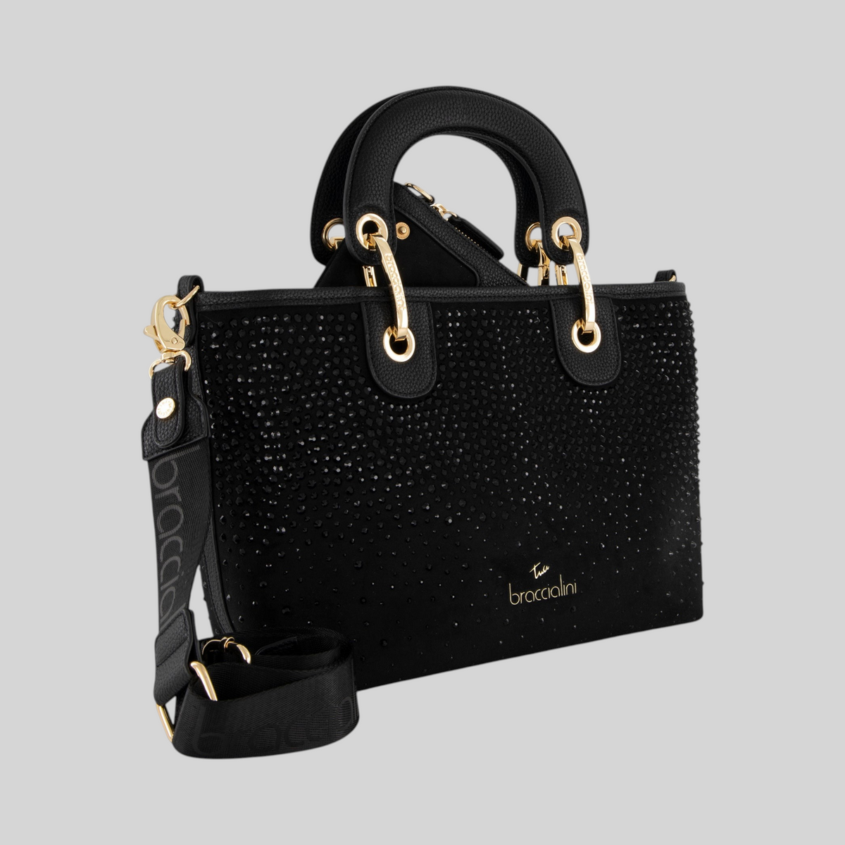 Borsa LIBUTTI Braccialini Beth nera in materiale sintetico con strass decorativi, manici e tracolla logata