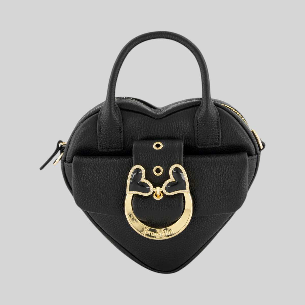 Mini borsa a cuore LIBUTTI in pelle nera con fibbia gioiello Baroque smaltata, doppi manici e tracolla removibile.