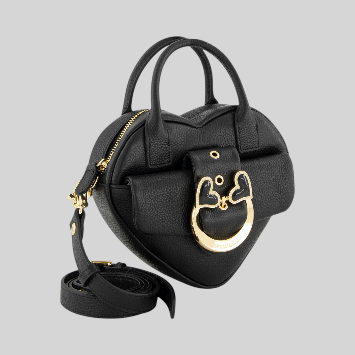 Mini borsa a cuore LIBUTTI Braccialini in pelle nera con fibbia gioiello Baroque dorata e tracolla removibile