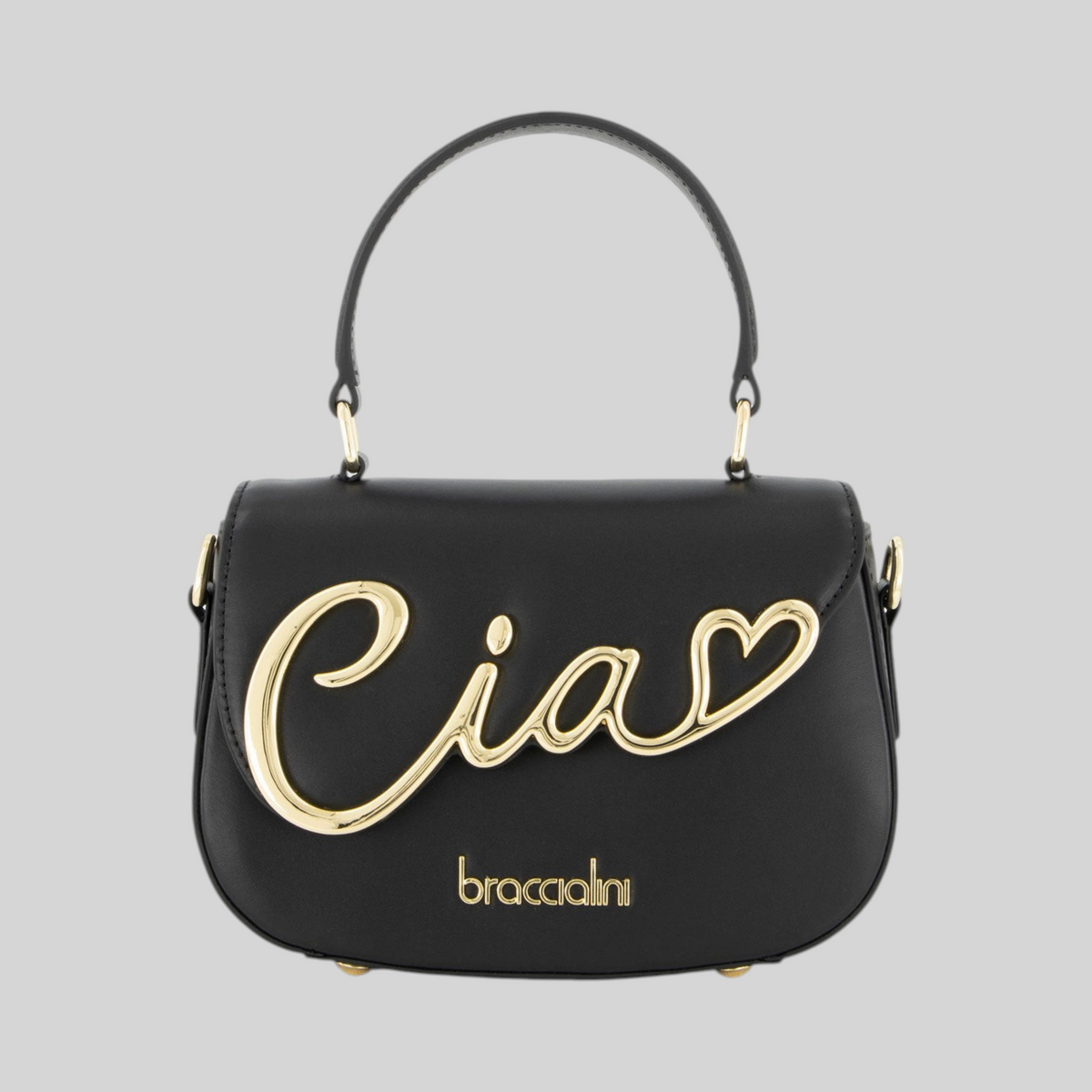 Mini borsa LIBUTTI Braccialini Ciao in pelle nera con scritta metallica dorata e manico superiore strutturato