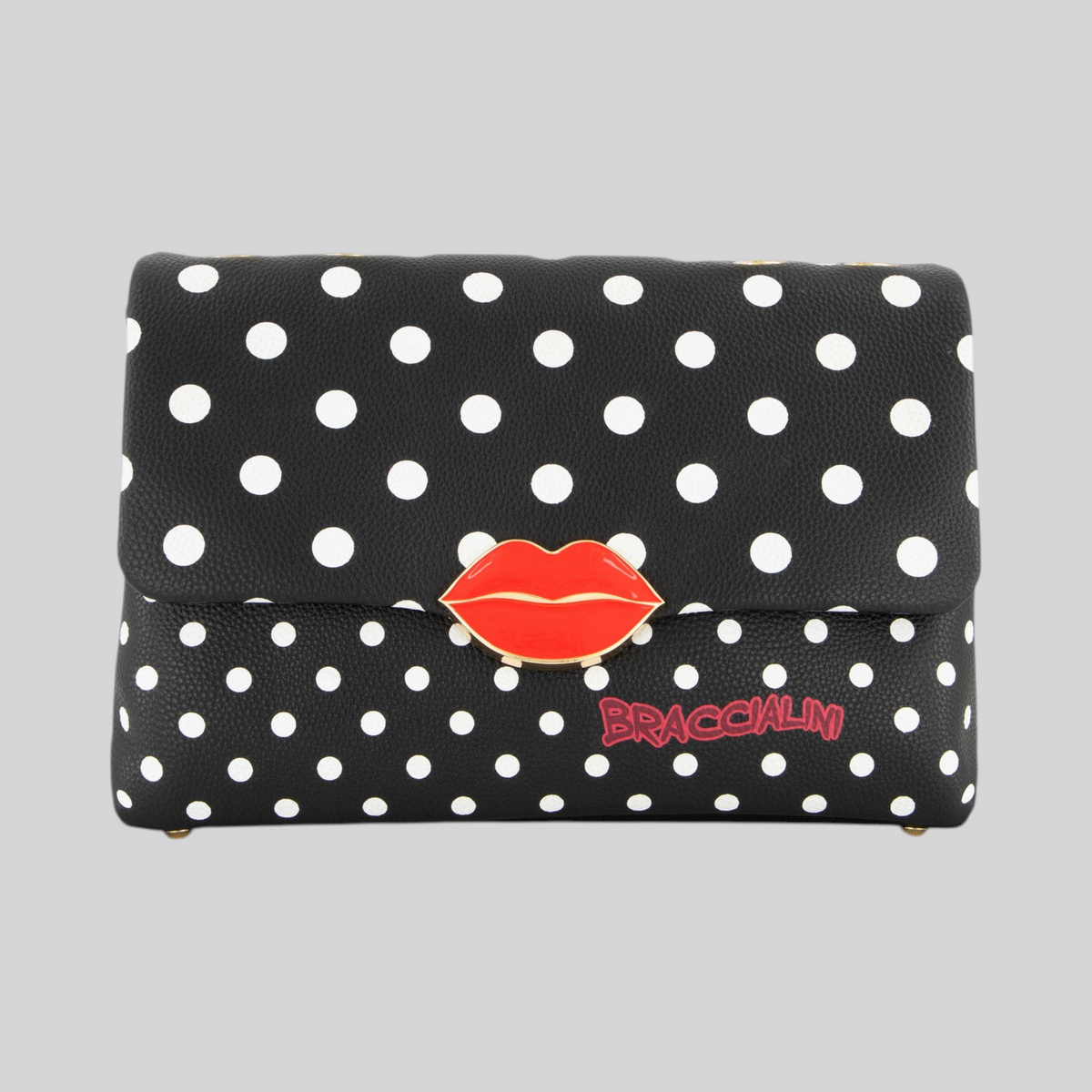Borsa a tracolla LIBUTTI Braccialini in pelle nera a pois bianchi con chiusura a forma di labbra rosse
