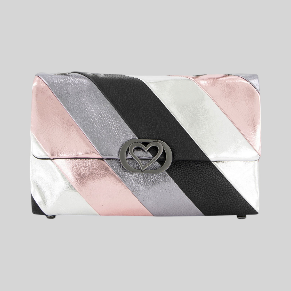 Borsa a tracolla LIBUTTI Braccialini in pelle patchwork con strisce metallizzate rosa, argento e nero e chiusura a cuore