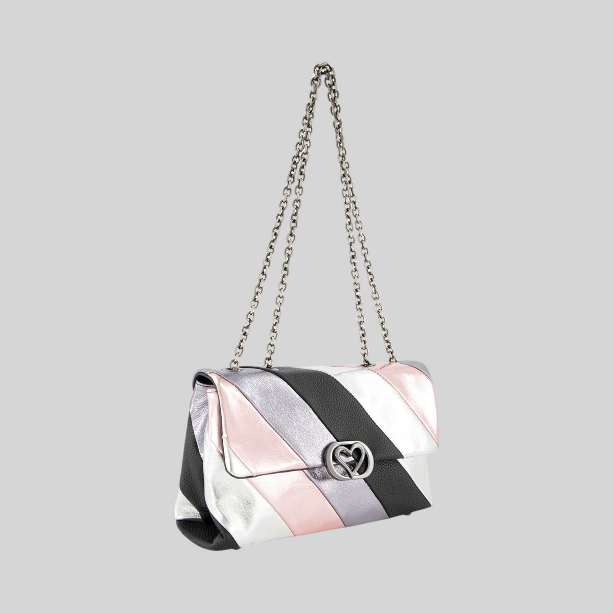 Borsa a tracolla LIBUTTI Braccialini in pelle patchwork con strisce metallizzate rosa, argento e nero e catena
