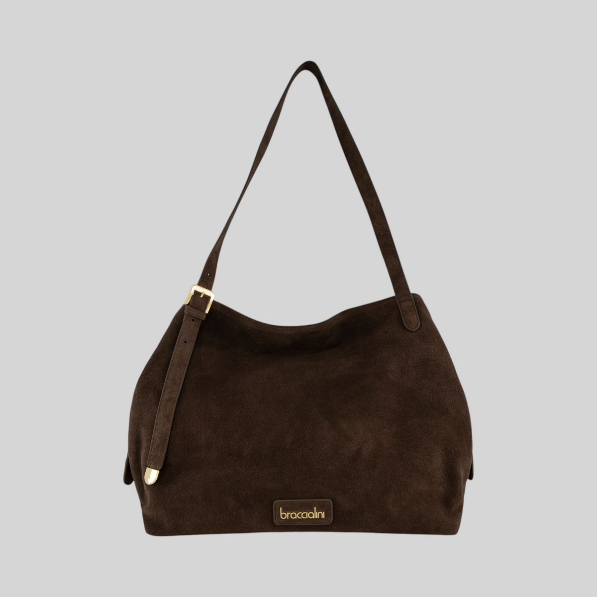 Borsa a spalla LIBUTTI Braccialini Sara in camoscio marrone con fibbia dorata e logo frontale