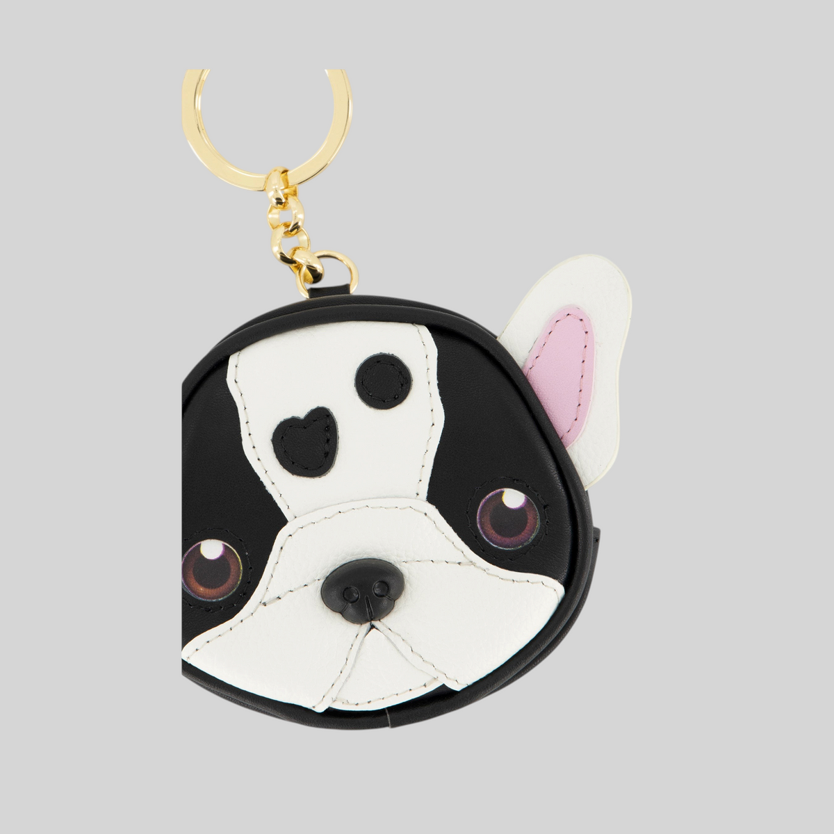 Portachiavi LIBUTTI Temini a forma di bulldog francese in pelle nera e bianca con dettagli rosa e anello dorato
