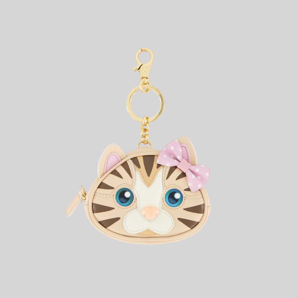 Portachiavi LIBUTTI a forma di gatto in pelle beige con fiocco rosa a pois e dettagli dorati