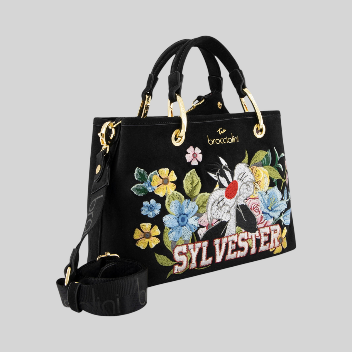 Borsa a mano LIBUTTI nera effetto suede con ricamo floreale di Silvestro Looney Tunes e tracolla regolabile