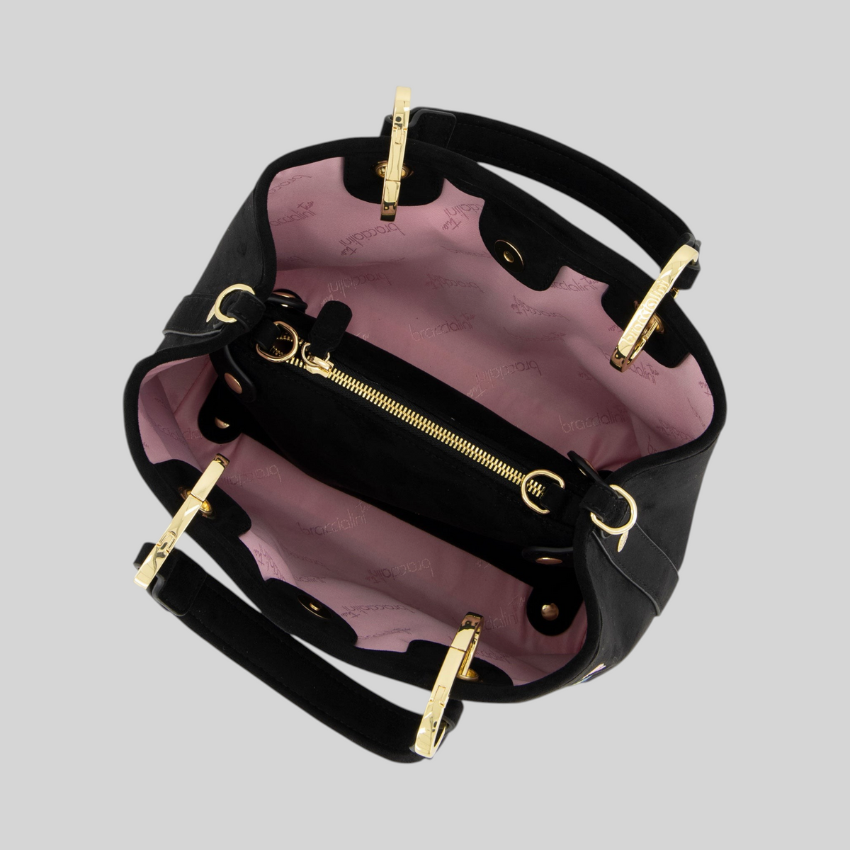 Borsa a mano LIBUTTI Beth nera effetto suede con interno rosa e dettagli dorati vista dall'alto