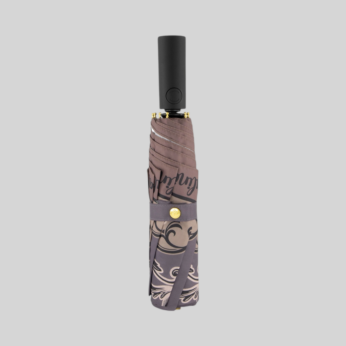Ombrello pieghevole LIBUTTI Queen color cioccolato con elegante motivo ramage dorato e chiusura a bottone