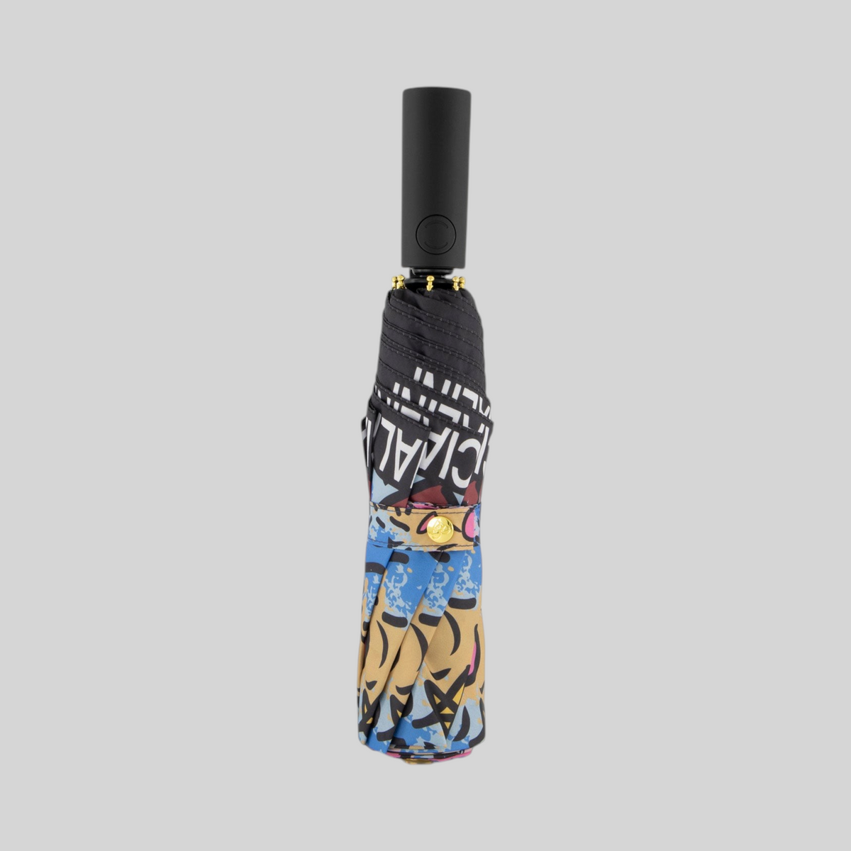 Ombrello pieghevole LIBUTTI Braccialini Queen Graffiti chiuso con fantasia urbana colorata e manico nero
