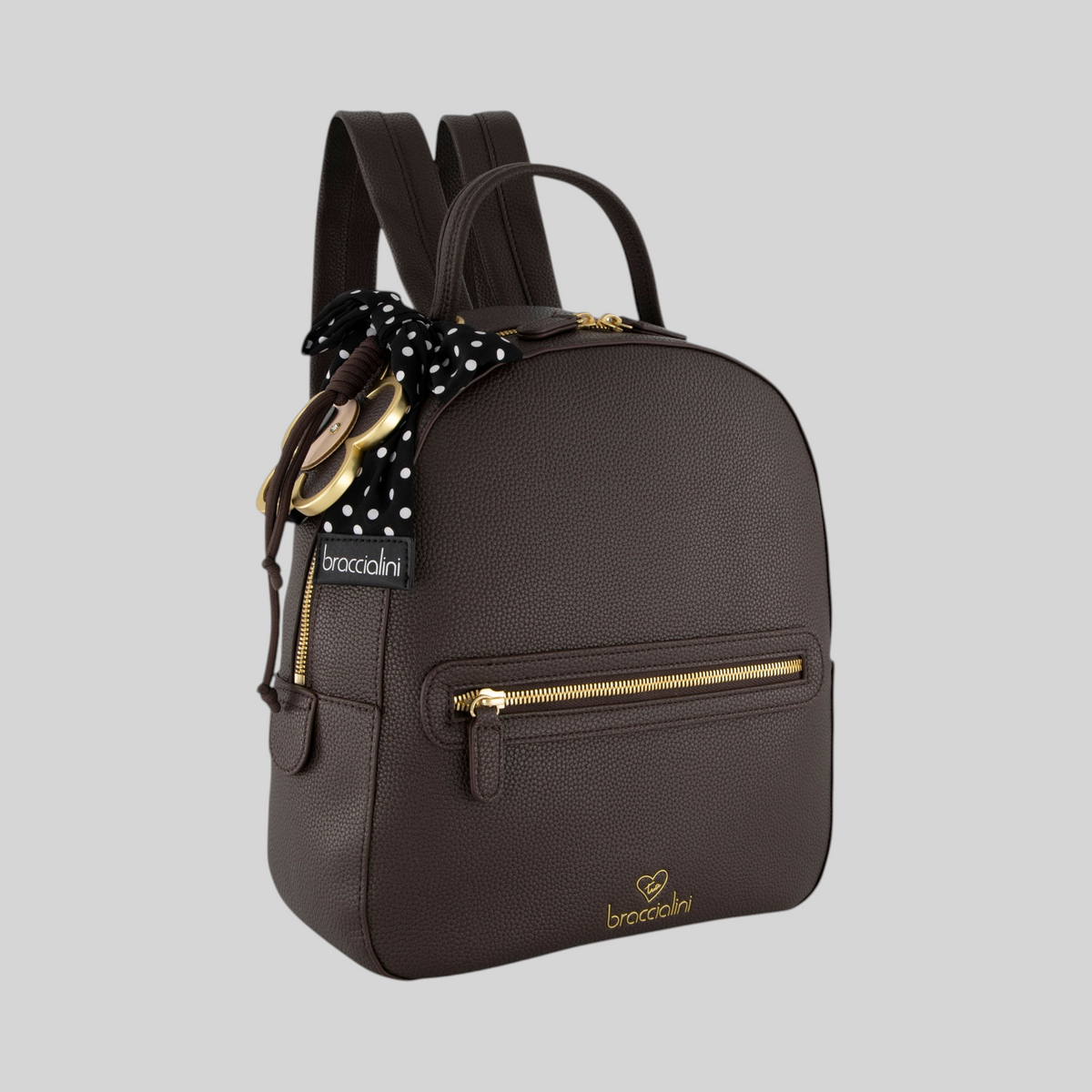 Zaino LIBUTTI Beth in ecopelle marrone con dettagli dorati e foulard a pois decorativo