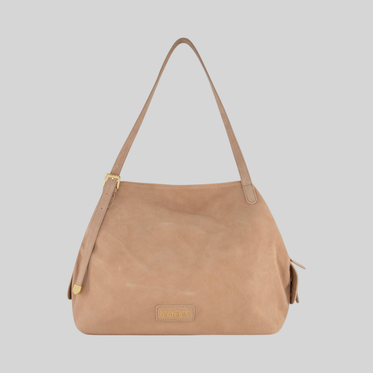 Borsa a spalla LIBUTTI Braccialini Sara in pelle scamosciata color beige con dettagli dorati