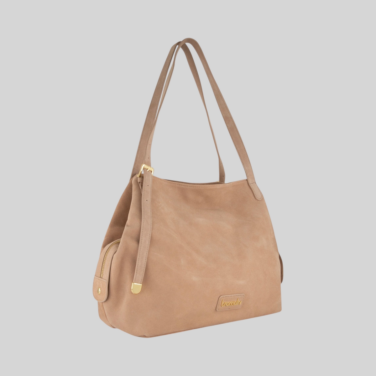 Borsa LIBUTTI Braccialini Sara in pelle scamosciata color tortora con manici lunghi e dettagli dorati