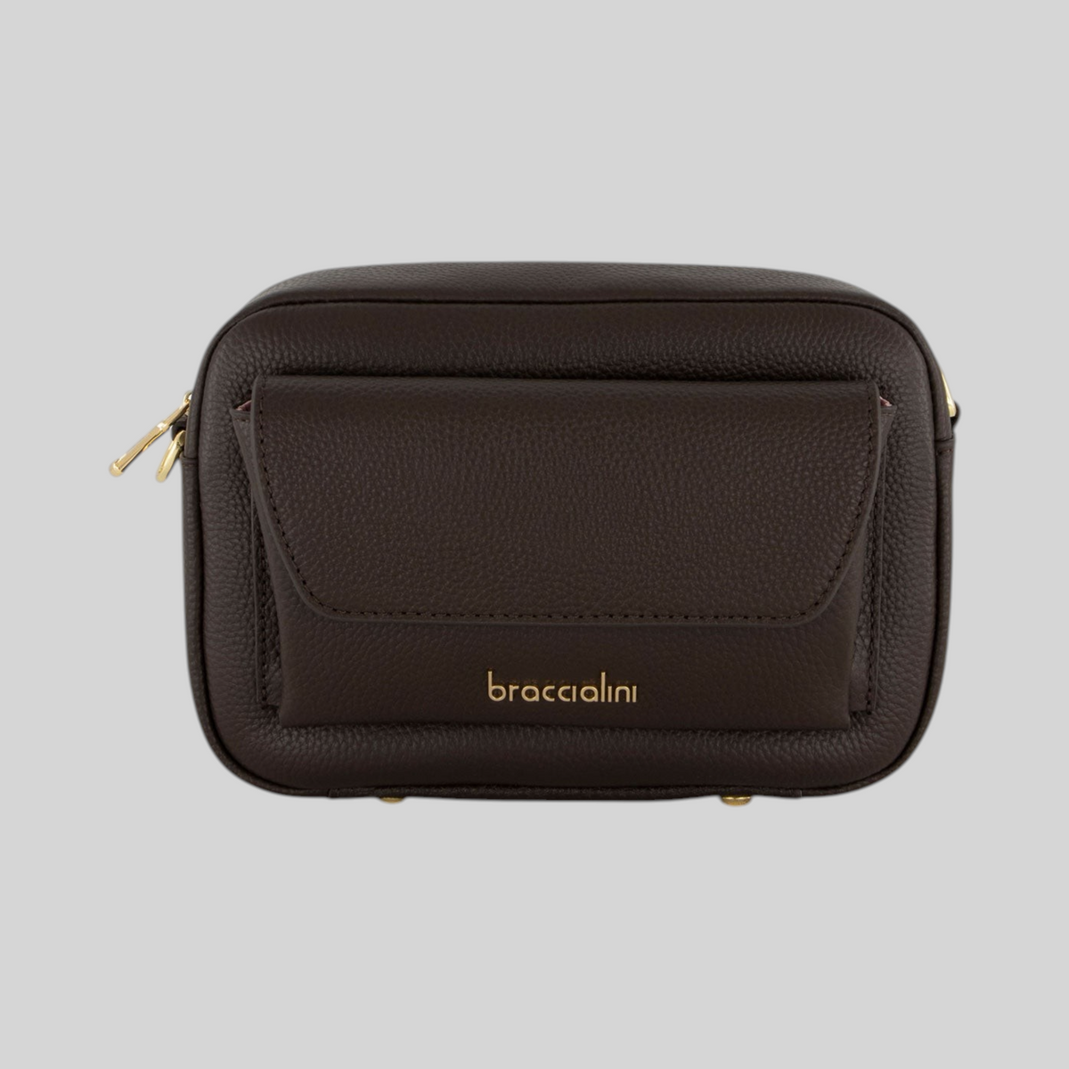 Borsa a tracolla LIBUTTI linea Dolly in pelle martellata marrone con dettagli dorati e tasca frontale